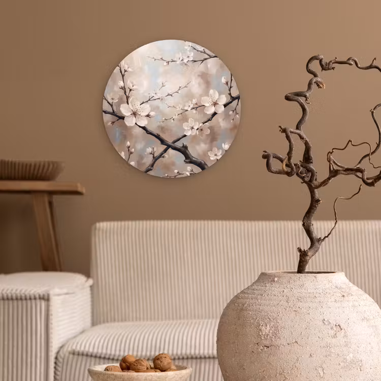 Bloesem - Takken - Schilderij - Beige - Serene Wandcirkel kunststof plaat 5mm dik klein -sfeer1