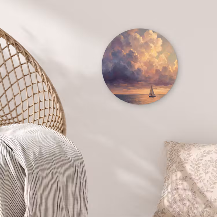 Boot - Zonsondergang - Zee - Natuur - Goud Wandcirkel kunststof plaat 5mm dik klein -sfeer5