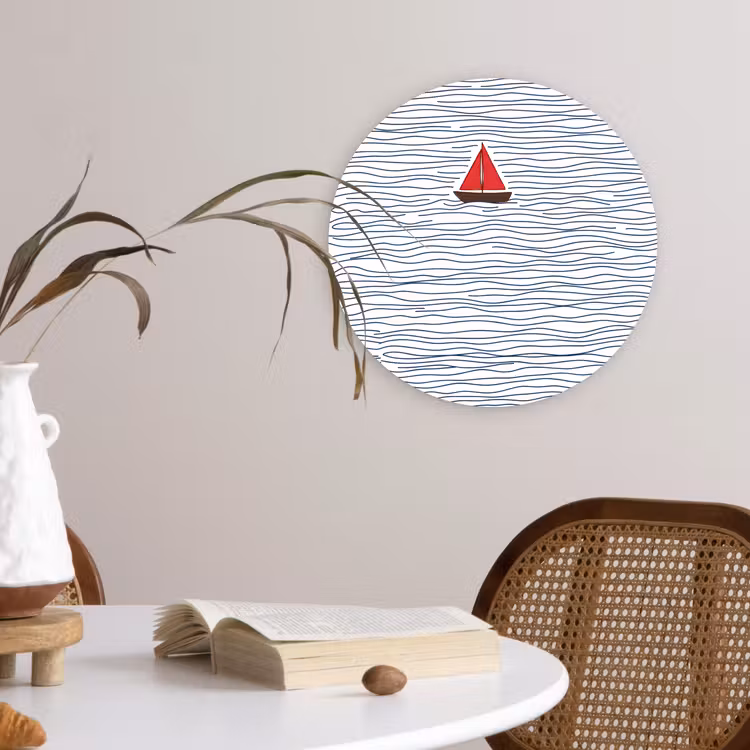 Boot - Water - Rood - Illustratie - Minimalistisch Wandcirkel kunststof plaat 5mm dik klein -sfeer4