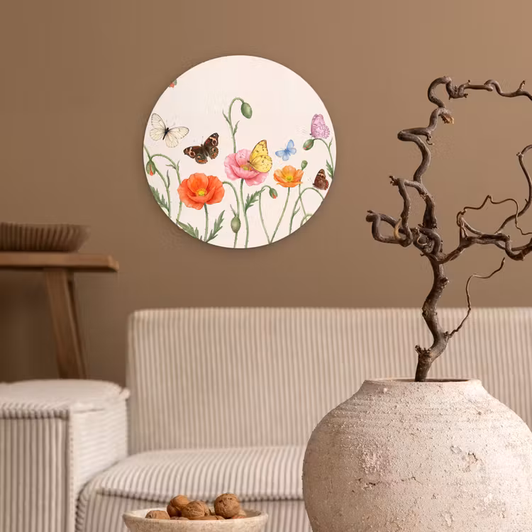 Vlinders - Klaprozen - Illustratie - Kleurrijk Wandcirkel kunststof plaat 5mm dik klein -sfeer1