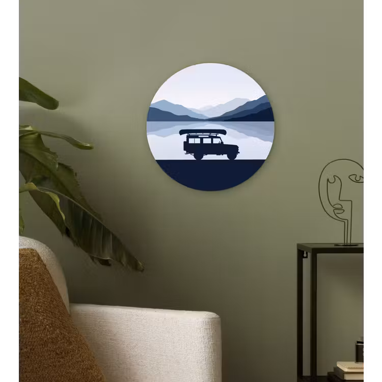 Auto - Meer - Bergen - Blauw Wandcirkel kunststof plaat 5mm dik klein -sfeer3