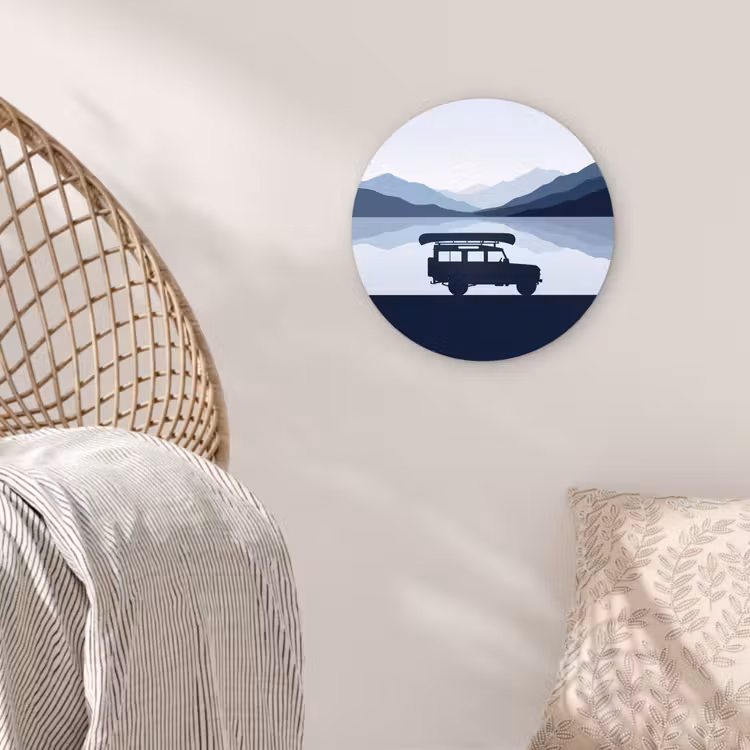 Auto - Meer - Bergen - Blauw Wandcirkel kunststof plaat 5mm dik klein -sfeer5