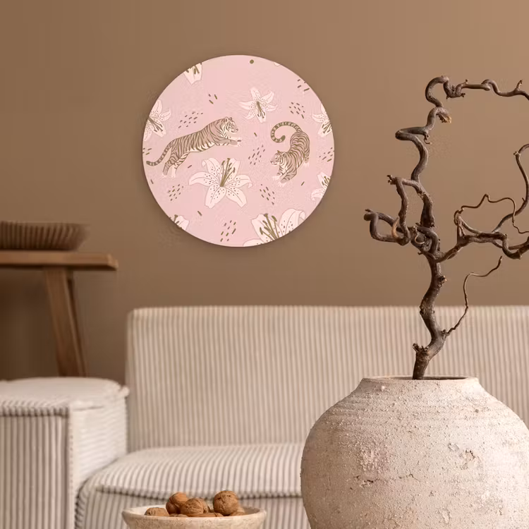 Kat - Springend - Bloemen - Abstract - Roze Wandcirkel kunststof plaat 5mm dik klein -sfeer1