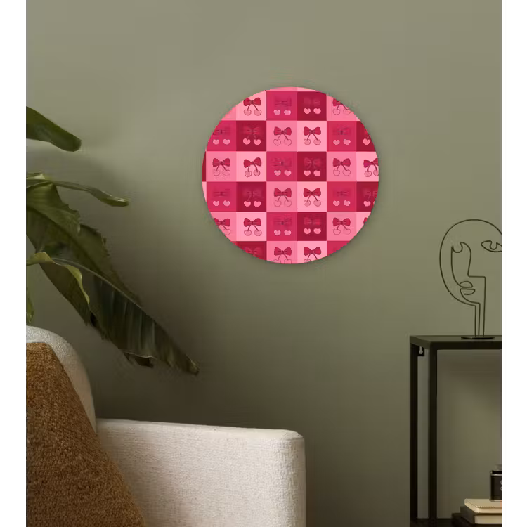 Kersen - Strikjes - Speels - Roze - Bordeaux Wandcirkel kunststof plaat 5mm dik klein 188 -sfeer3