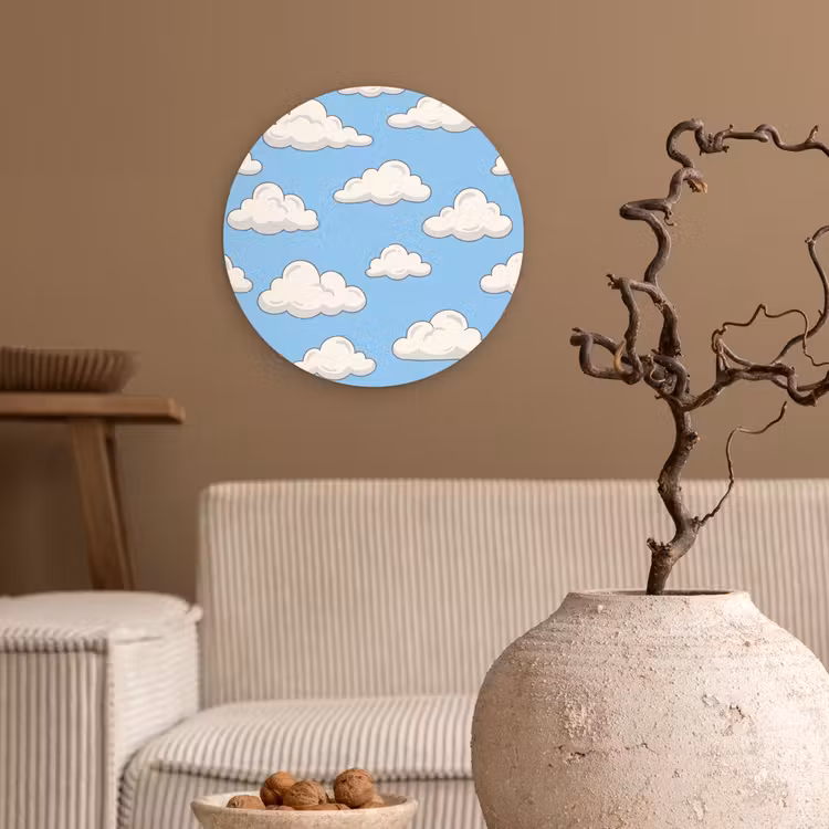 Wolk - Cartoon - Lucht - Blauw - Wit Wandcirkel kunststof plaat 5mm dik klein -sfeer1