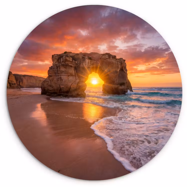 Kust - Rots - Zonsondergang - Zee - Natuur Wandcirkel kunststof plaat 5mm dik klein -3d