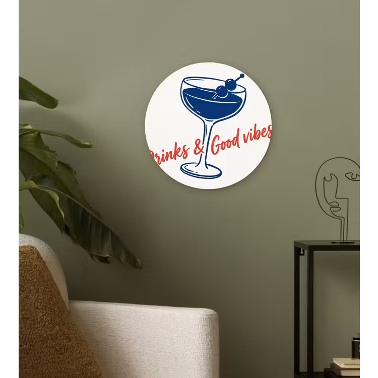Cocktail - Glas - Illustratie - Blauw - Wit Wandcirkel kunststof plaat 5mm dik klein -sfeer3