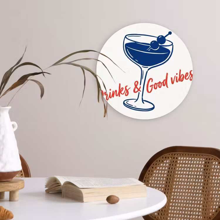 Cocktail - Glas - Illustratie - Blauw - Wit Wandcirkel kunststof plaat 5mm dik klein -sfeer4