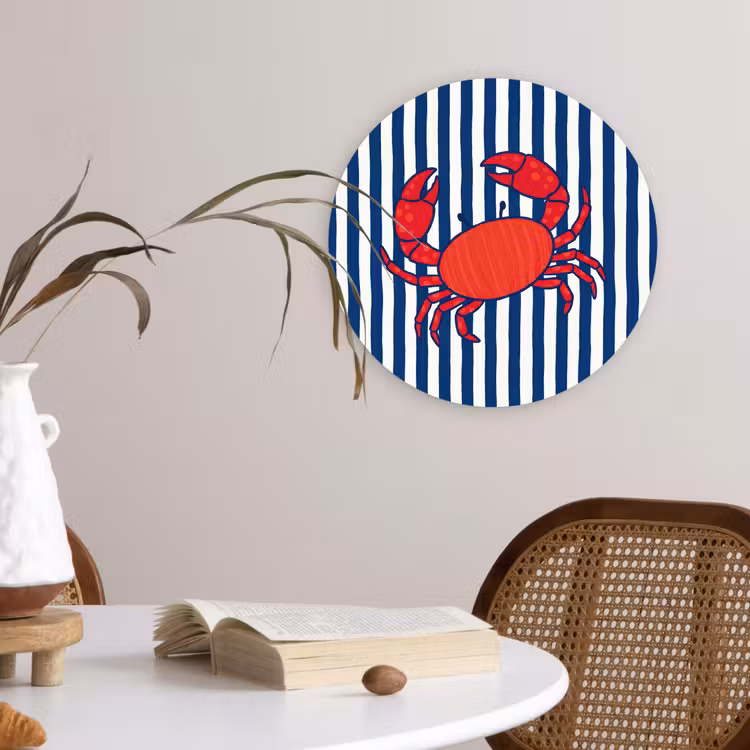 Krab - Strepen - Zeeleven - Illustratie - Rood Wandcirkel kunststof plaat 5mm dik klein -sfeer4