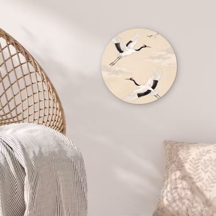 Kraanvogels - Bloesem - Beige Wandcirkel kunststof plaat 5mm dik klein -sfeer5