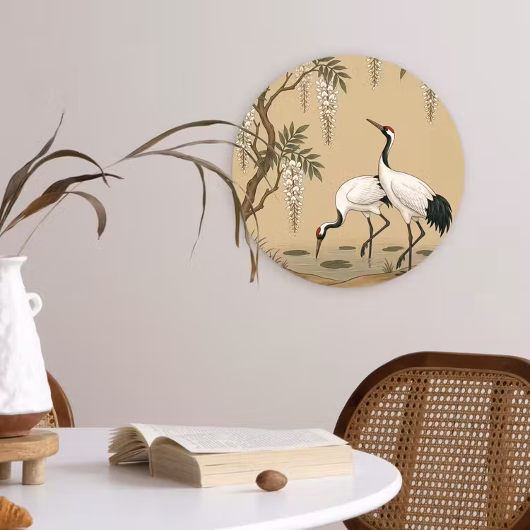 Kraanvogels - Water - Beige Wandcirkel kunststof plaat 5mm dik klein -sfeer4