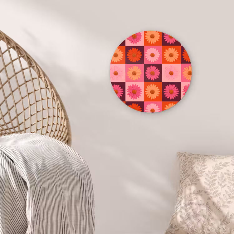 Madeliefjes - Dambord - Retro - Roze - Oranje Wandcirkel kunststof plaat 5mm dik klein 188 -sfeer5