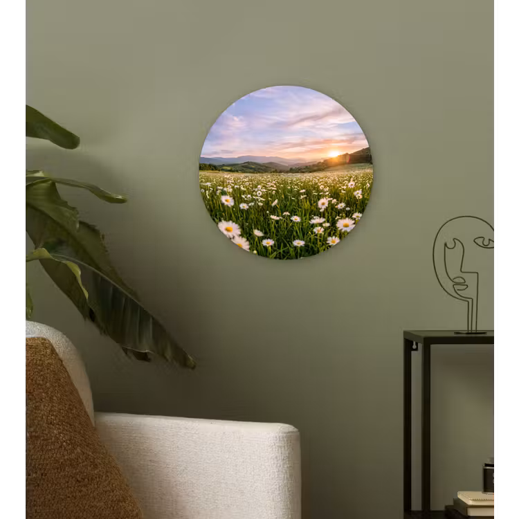 Madelief - Veld - Heuvels - Groen Wandcirkel kunststof plaat 5mm dik klein -sfeer3