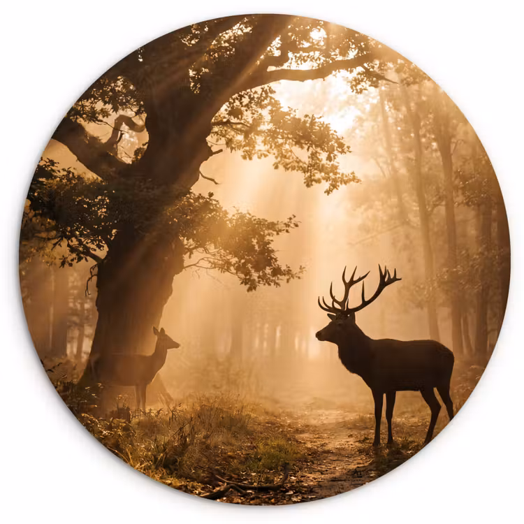 Hert - Bos - Mistig - Natuur - Goud Wandcirkel kunststof plaat 5mm dik klein -3d
