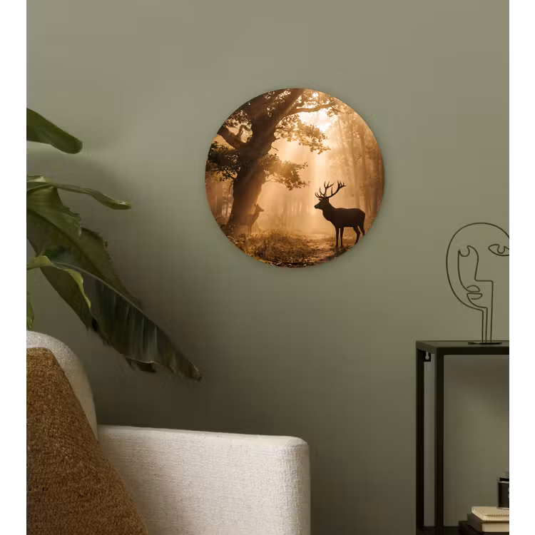 Hert - Bos - Mistig - Natuur - Goud Wandcirkel kunststof plaat 5mm dik klein -sfeer3