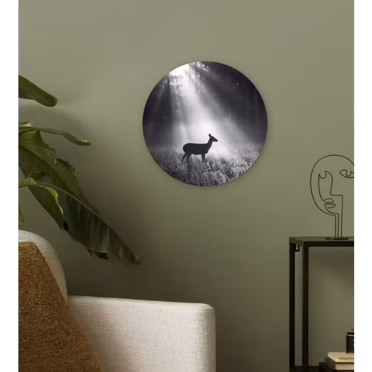 Hert - Bos - Zonnestralen - Zwart-wit - Natuur Wandcirkel kunststof plaat 5mm dik klein -sfeer3