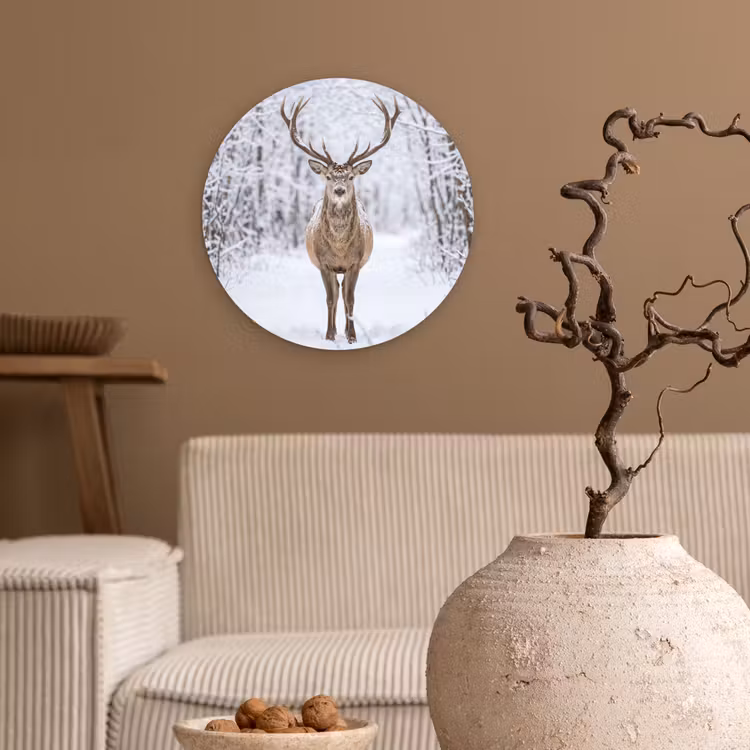 Hert - Winter - Bos - Natuur - Wit Wandcirkel kunststof plaat 5mm dik klein -sfeer1
