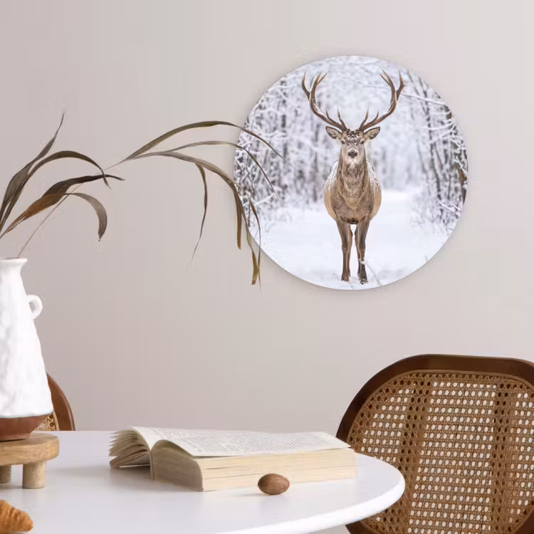 Hert - Winter - Bos - Natuur - Wit Wandcirkel kunststof plaat 5mm dik klein -sfeer4