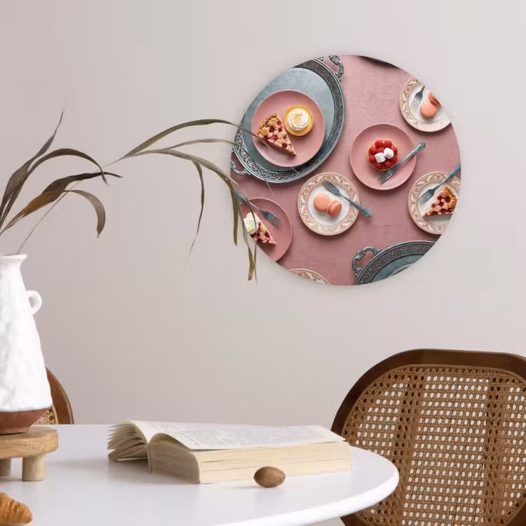 Dessert - Taart - Gebak - Zoet - Roze Wandcirkel kunststof plaat 5mm dik klein -sfeer4