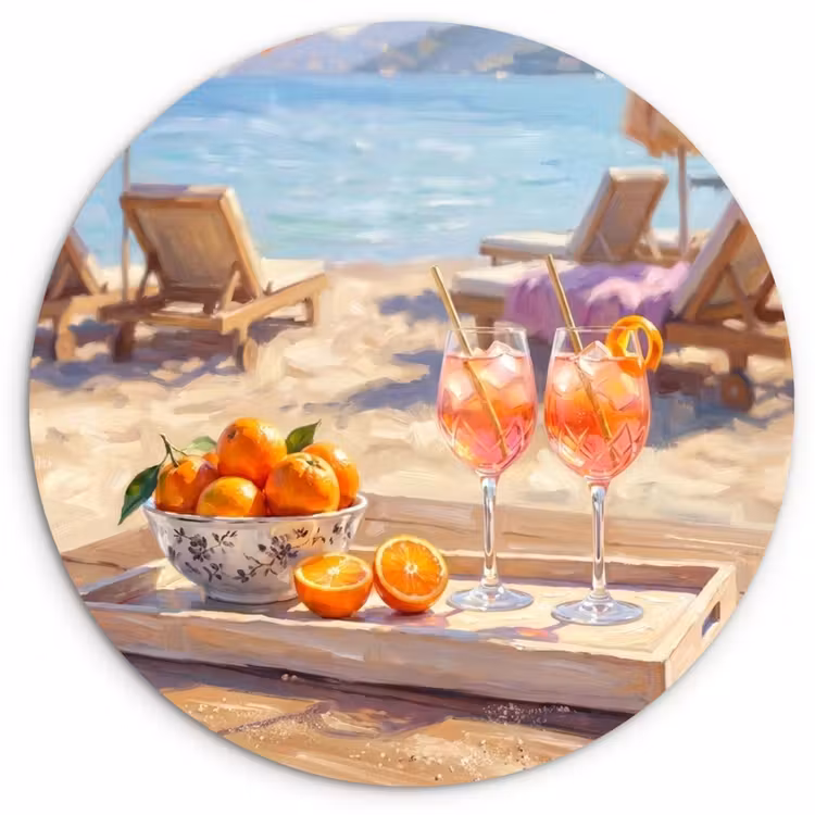 Drank - Glazen - Strand - Zomer - Oranje Wandcirkel kunststof plaat 5mm dik klein -3d