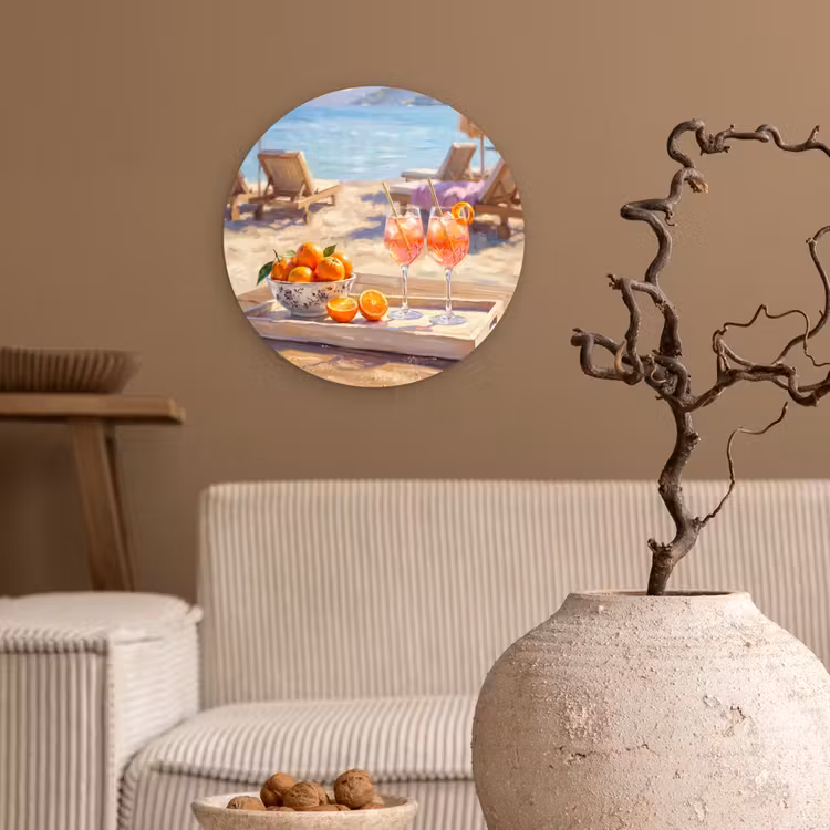 Drank - Glazen - Strand - Zomer - Oranje Wandcirkel kunststof plaat 5mm dik klein -sfeer1