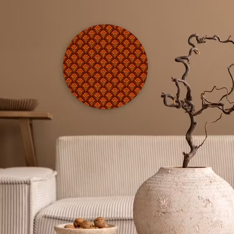 Waaiers - Art Deco - Botanisch - Roestbruin - Oranje Wandcirkel kunststof plaat 5mm dik klein 188 -sfeer1