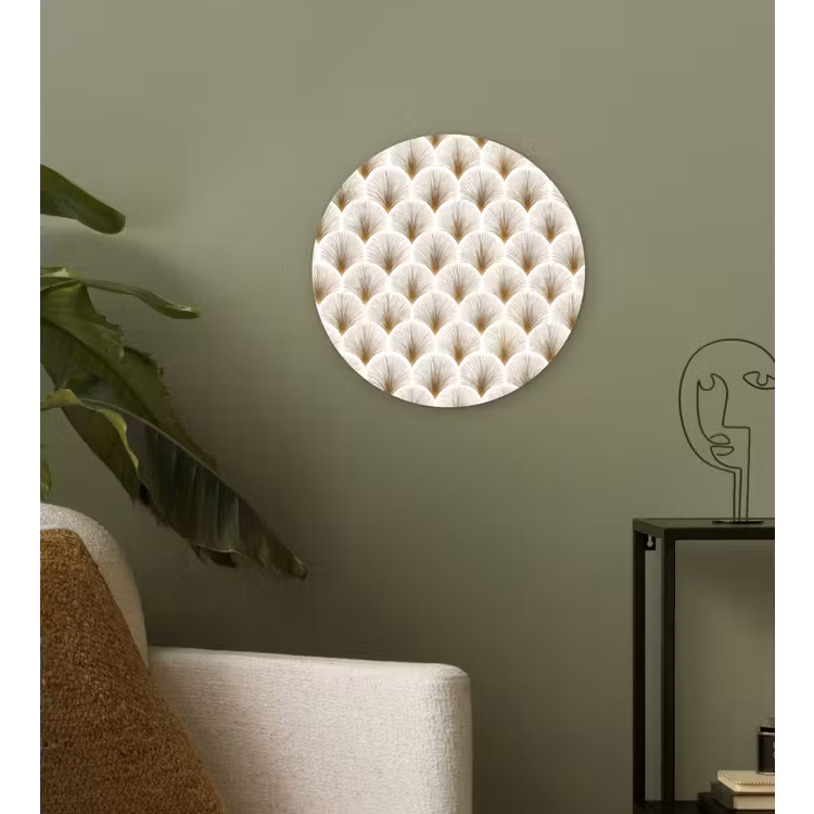 Waaiers - Art Deco - Elegant - Goud - Wit Wandcirkel kunststof plaat 5mm dik klein 188 -sfeer3