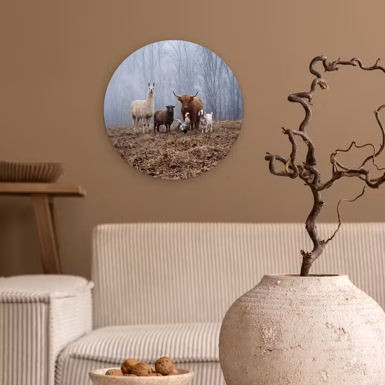 Boerderijdieren - Groep - Mist - Natuur - Rustiek Wandcirkel kunststof plaat 5mm dik klein -sfeer1