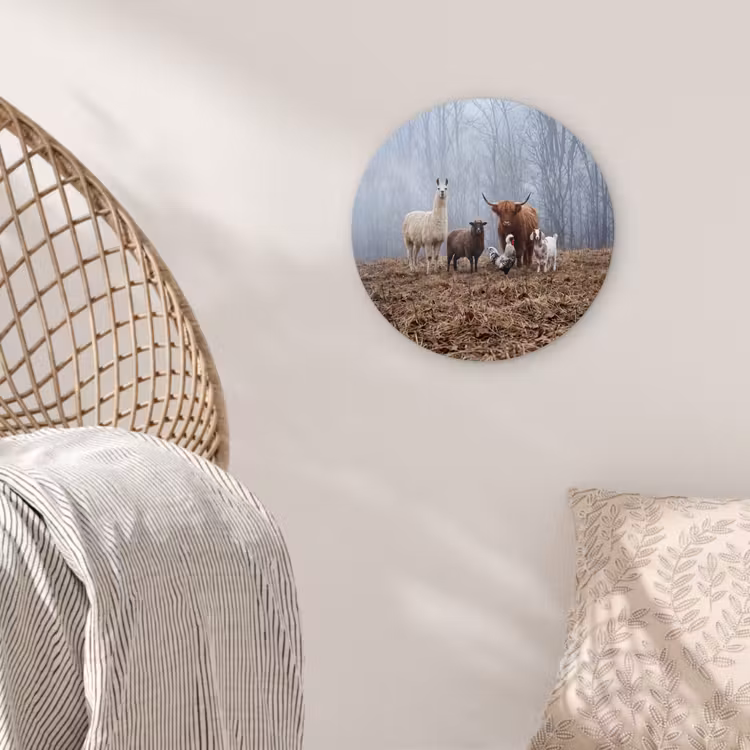 Boerderijdieren - Groep - Mist - Natuur - Rustiek Wandcirkel kunststof plaat 5mm dik klein -sfeer5
