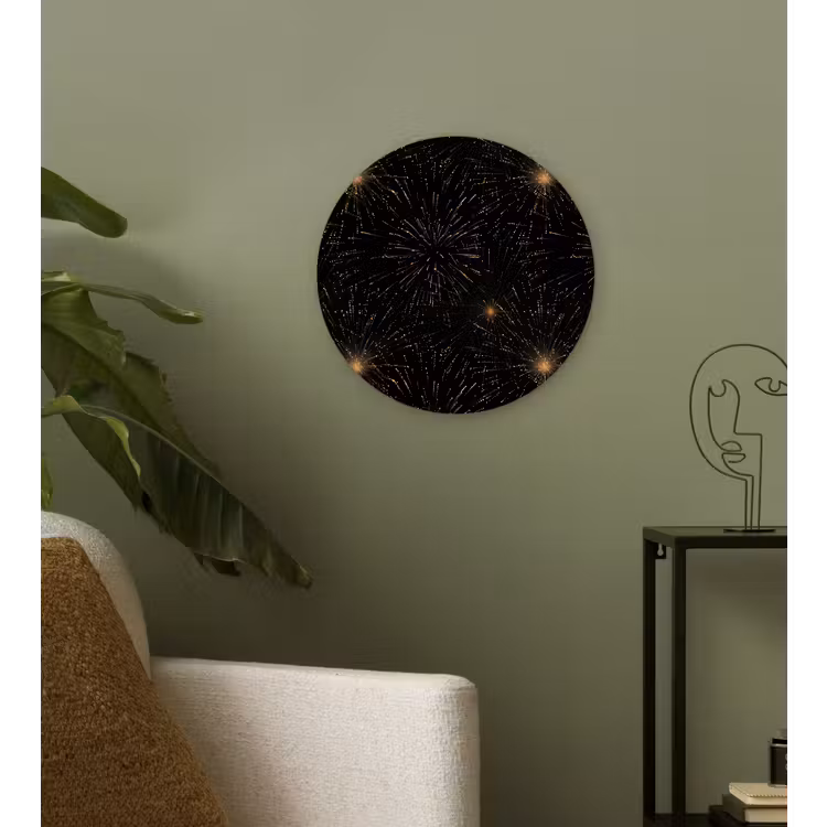 Vuurwerk - Patroon - Feestelijk - Goud - Zwart Wandcirkel kunststof plaat 5mm dik klein 188 -sfeer3