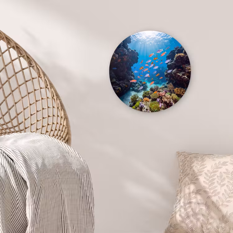 Vis - Koraalrif - Onderwater - Levendig - Blauw Wandcirkel kunststof plaat 5mm dik klein -sfeer5
