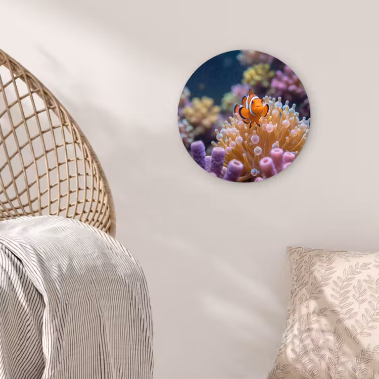 Vis - Koraal - Onderwater - Oranje - Dieren Wandcirkel kunststof plaat 5mm dik klein -sfeer5