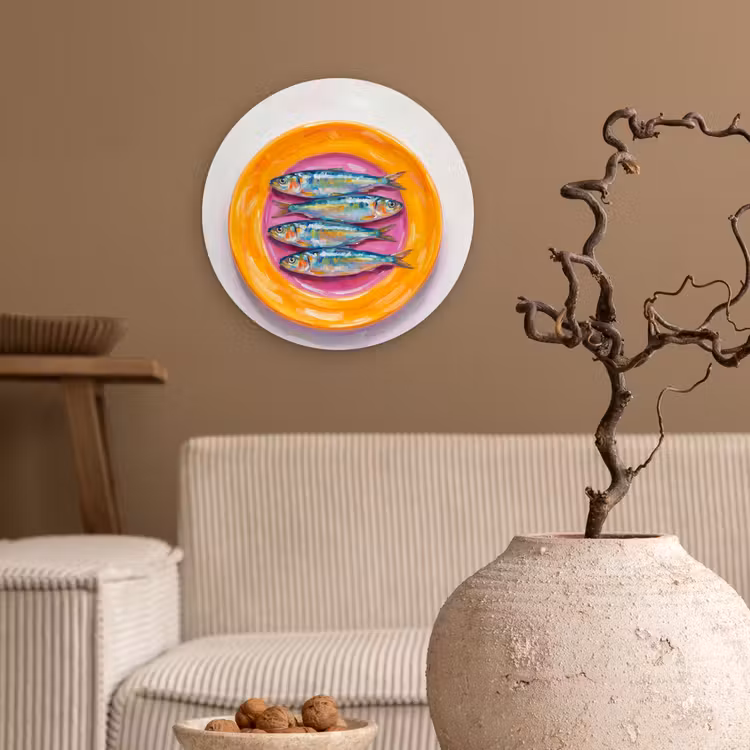 Vis - Vier - Eten - Modern - Kleurrijk Wandcirkel kunststof plaat 5mm dik klein -sfeer1