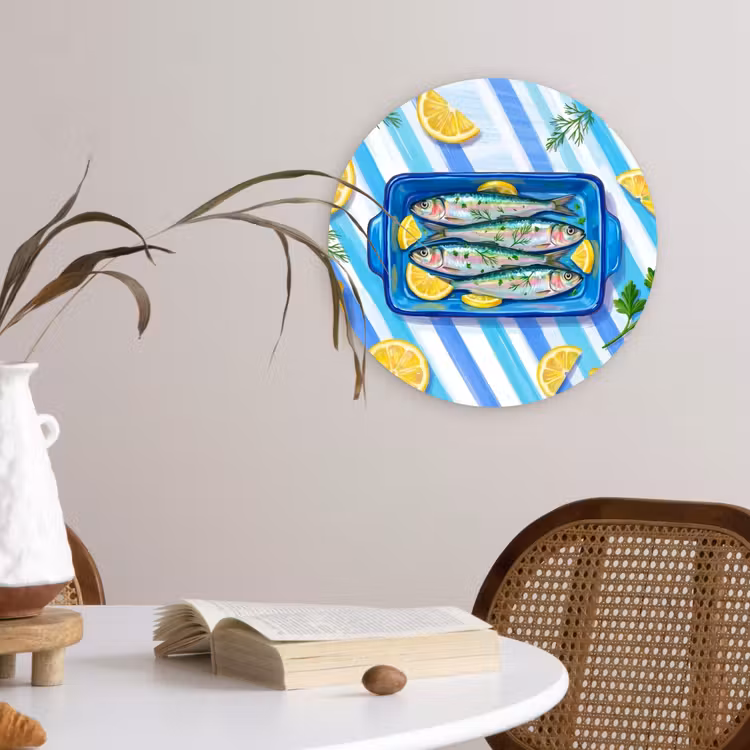 Vis - Citroen - Kruiden - Eten - Blauw Wandcirkel kunststof plaat 5mm dik klein -sfeer4