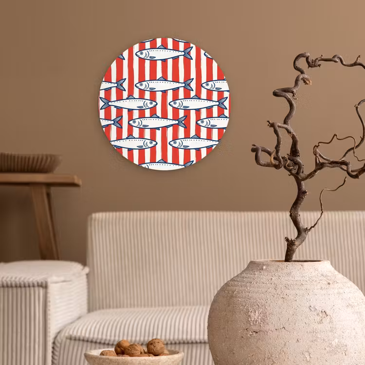Vis - Patroon - Strepen - Illustratie - Rood Wandcirkel kunststof plaat 5mm dik klein -sfeer1