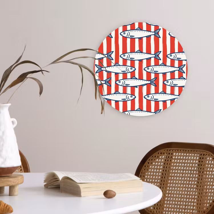 Vis - Patroon - Strepen - Illustratie - Rood Wandcirkel kunststof plaat 5mm dik klein -sfeer4