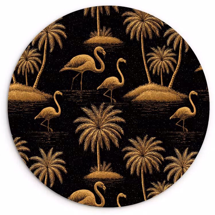 Flamingo - Palmbomen - Tropisch - Goud - Zwart Wandcirkel kunststof plaat 5mm dik klein 188 -3d