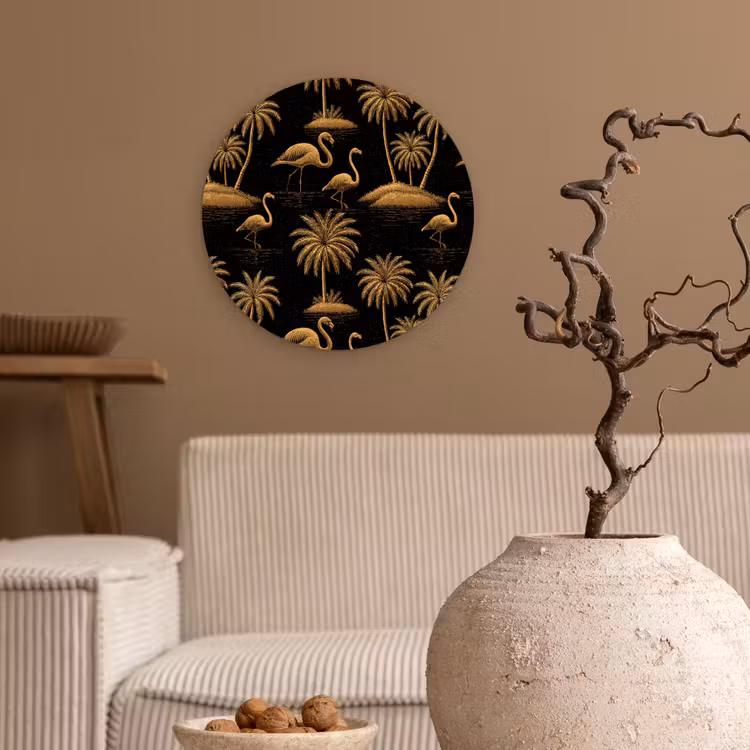 Flamingo - Palmbomen - Tropisch - Goud - Zwart Wandcirkel kunststof plaat 5mm dik klein 188 -sfeer1