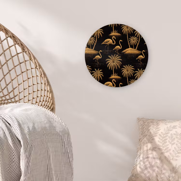 Flamingo - Palmbomen - Tropisch - Goud - Zwart Wandcirkel kunststof plaat 5mm dik klein 188 -sfeer5