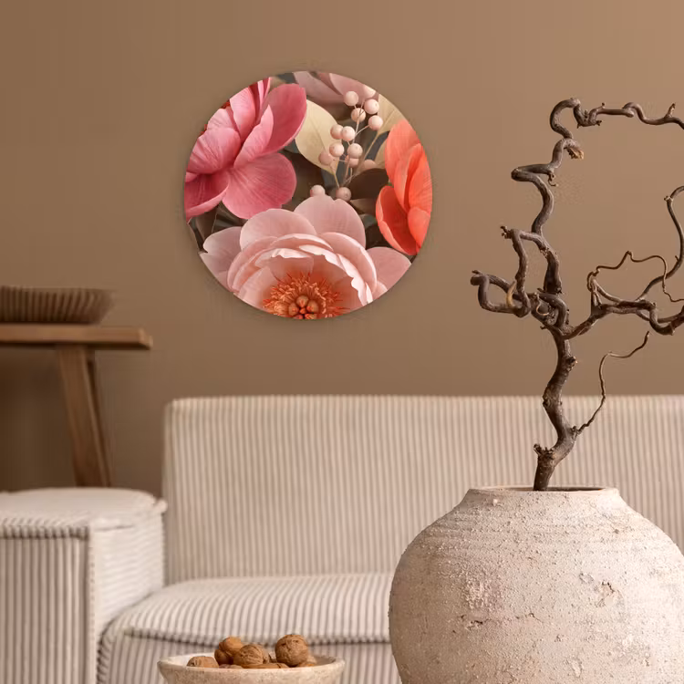 Bloemen - Bloesem - Zacht - Koraal - Decoratie Wandcirkel kunststof plaat 5mm dik klein -sfeer1