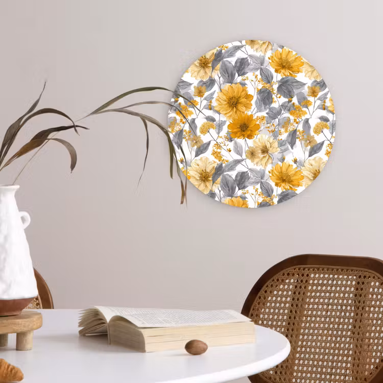 Bloemen - Botanisch - Elegant - Okergeel - Grijs Wandcirkel kunststof plaat 5mm dik klein 188 -sfeer4