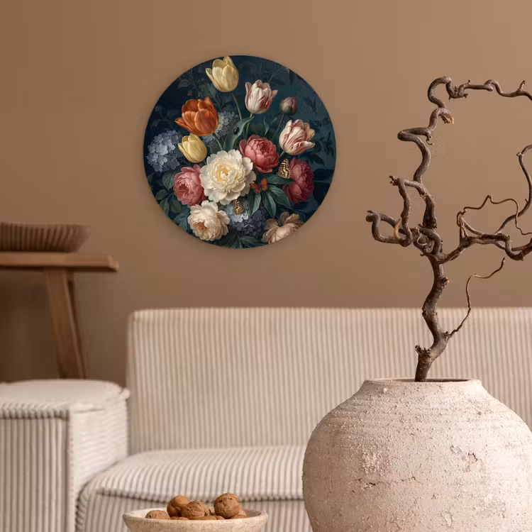Bloemen - Boeket - Natuur - Klassiek - Donker Wandcirkel kunststof plaat 5mm dik klein -sfeer1