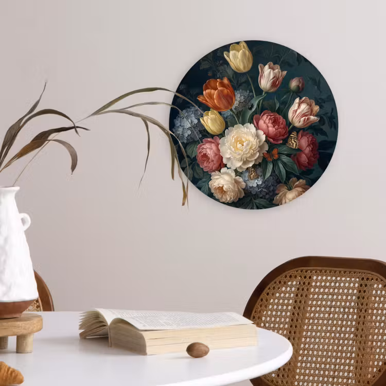 Bloemen - Boeket - Natuur - Klassiek - Donker Wandcirkel kunststof plaat 5mm dik klein -sfeer4