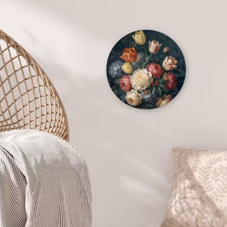 Bloemen - Boeket - Natuur - Klassiek - Donker Wandcirkel kunststof plaat 5mm dik klein -sfeer5