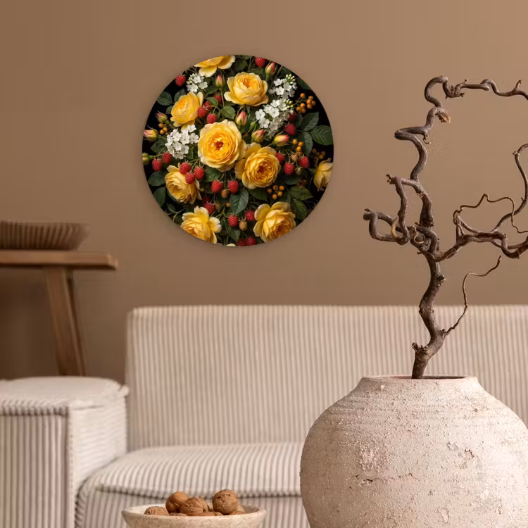 Bloemen - Boeket - Natuur - Klassiek - Geel Wandcirkel kunststof plaat 5mm dik klein -sfeer1