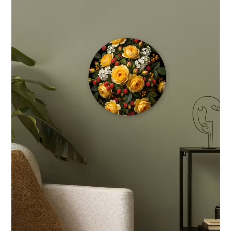 Bloemen - Boeket - Natuur - Klassiek - Geel Wandcirkel kunststof plaat 5mm dik klein -sfeer3