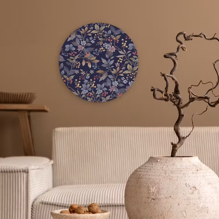 Bloemen - Bladeren - Patroon - Botanisch - Donkerblauw Wandcirkel kunststof plaat 5mm dik klein -sfeer1