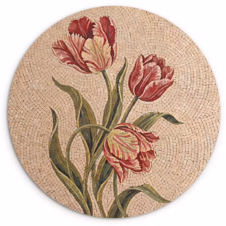 Bloemen - Mozaïek - Rood - Groen - Kunst Wandcirkel kunststof plaat 5mm dik klein -3d