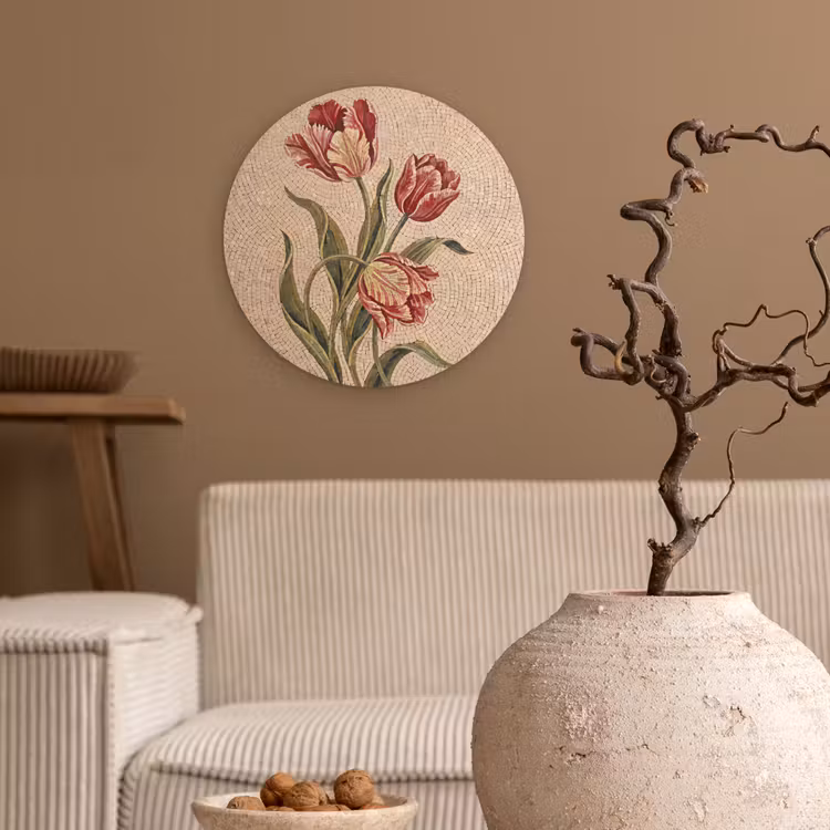 Bloemen - Mozaïek - Rood - Groen - Kunst Wandcirkel kunststof plaat 5mm dik klein -sfeer1