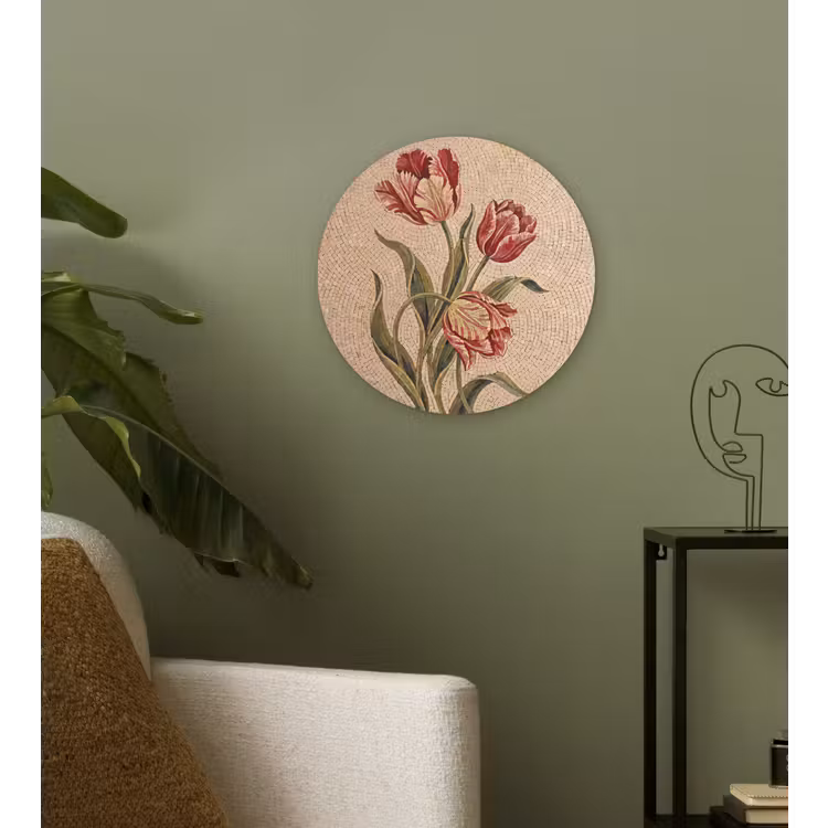 Bloemen - Mozaïek - Rood - Groen - Kunst Wandcirkel kunststof plaat 5mm dik klein -sfeer3